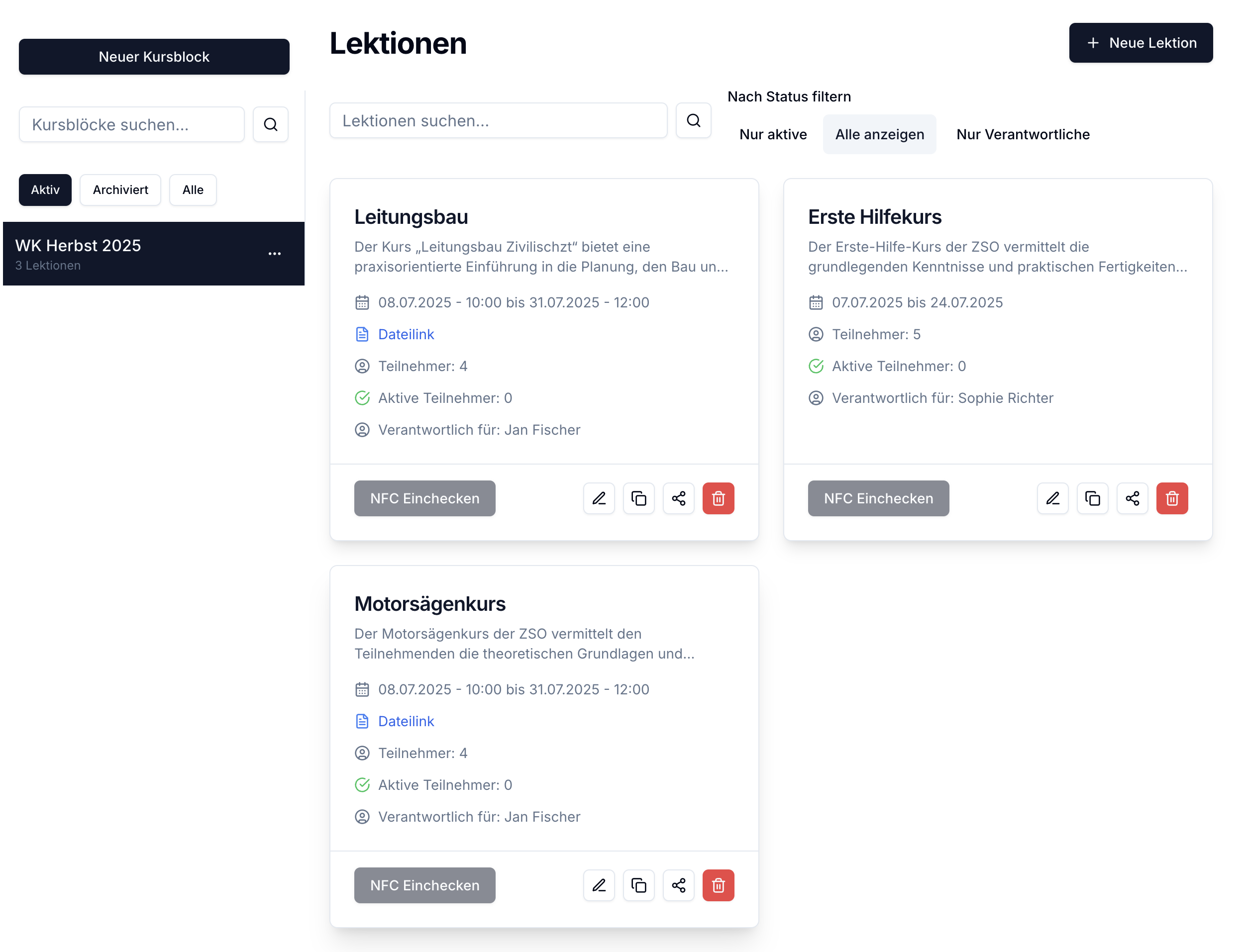ZSOPilot Lektionsmanagement Screenshot